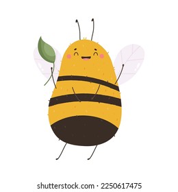 Vector illustration of a cute smiling bee with a leaf. Funny insect isolated on white background