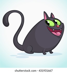 Vector illustration of a cute smiling black fat cat. Fat cat cartoon. Halloween witch cat