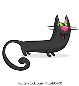 Vector illustration of a cute smiling black fat cat. Thin cat cartoon. Halloween witch cat