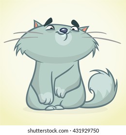 Vector illustration of a cute smiling blue fat cat. Fat stripped cat cartoon 