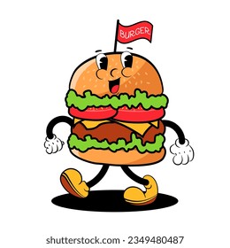 Vector illustration of a cute smiling burger in retro groove style, in stylish colors