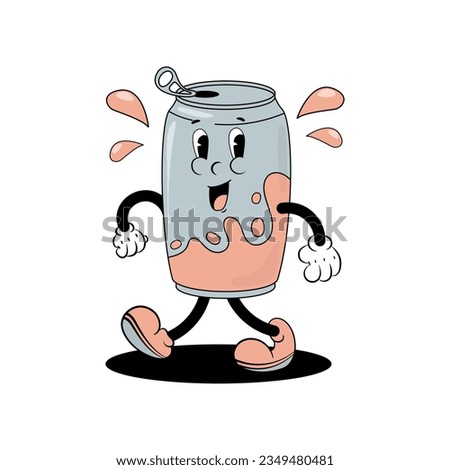 Vector illustration of a cute smiling can of soda in retro groove style, in stylish colors