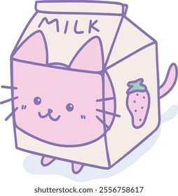 vector illustration of cute smiling cat in the strawberry milk box carton drawing, cute doodle animal sticker, isolated on transparent background