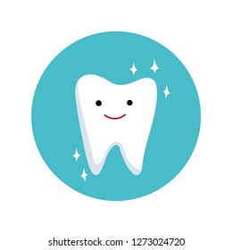 Vector illustration of cute smiling clean tooth. Health tooth poster or card. Dentistry protection. Symbol or logo concept icon for dental clinic, dentistry hospital, oral care center