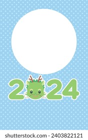 Vector illustration of Cute smiling dragon 2024 and photo frame with polka dot background (No text) [New year's card 2024 template]