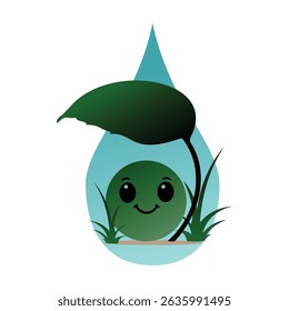 vector illustration of cute smiling eco-friendly character under a leaf, as an eco-friendly symbol or sign