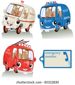 Vector illustration, cute smiling emergency cars with label, card concept, white background.