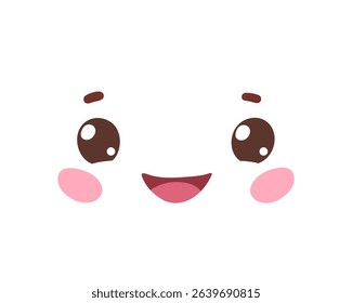 Vector illustration of a cute smiling face with blush and big eyes. Flat isolated illustration.