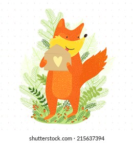 Vector illustration of cute smiling fox with letter in the hands. Forest story. Funny card with hand drawing cartoon character.