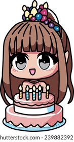 Vector Illustration of a cute smiling girl celebrating her birthday with a cake in front of her and candles. wearing a gown and tiara on her head. suitable for sticker and icon