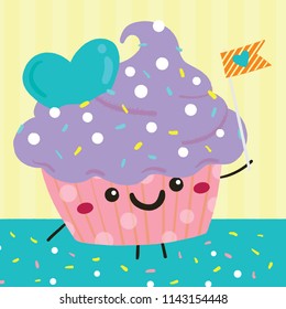 Vector illustration of cute smiling and happy purple cupcake with sprinkles holding up heart banner