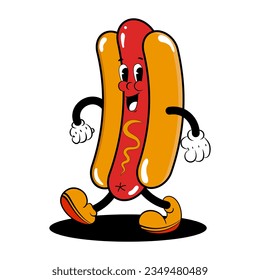 Vector illustration of a cute smiling Hot Dog in retro groove style, in stylish colors