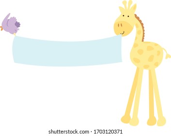 A vector illustration of a cute smiling isolated giraffe holding a blue banner with a cute purple bird