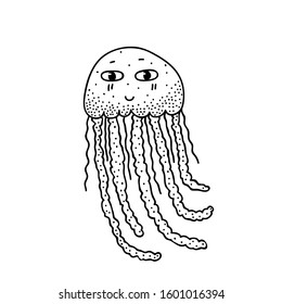Vector illustration with a cute smiling jellyfish isolated on white background. Hand drawn marine creature. Doodle style. Design for card, poster, shirt.