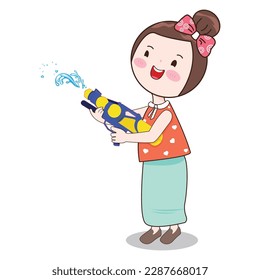 vector illustration of a cute smiling little girl holding a water gun, flat style, on a white background