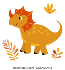 Vector illustration of a cute smiling little dinosaur in a flat vector style. Friendly and playful design is ideal for children's books, t-shirt, nursery decor, greeting cards, party invitations