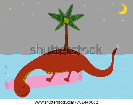 Vector illustration of cute smiling Loch Ness Monster cartoon, sleeping Nessie under water holding pink bolster pillow with the back as isolated island at night