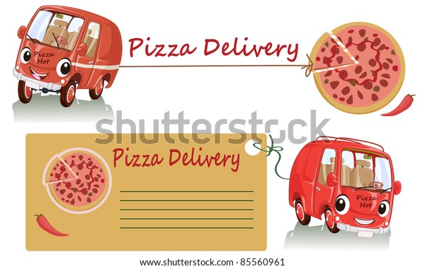 Vector illustration, cute smiling pizza\
car delivery, cartoon concept, white\
background.
