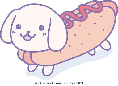 vector illustration of cute smiling puppy hotdog drawing, cute doodle animal sticker, isolated on transparent background