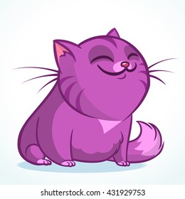 Vector illustration of a cute smiling purple fat cat with eyes closed. Fat striped cat cartoon 