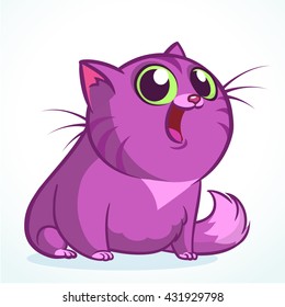 Vector illustration of a cute smiling purple fat cat. Fat striped cat cartoon 