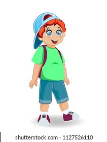 Vector illustration of cute smiling redheaded ginger schoolboy with backpack isolated on white background.
Back to school concept. Little cheerful boy with student bag character clip art.