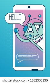 Vector illustration of a cute smiling robot. Chat bot says hello from phone to bubble. Virtual help online customer support. On a light blue background. With place for text.
