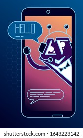 Vector illustration of a cute smiling robot. Chat bot says hello from phone to bubble. Virtual help online customer support. On a dark blue background. With place for text.
