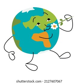 Vector illustration - A cute smiling round globe is walking, holding a flower in his hands and sniffing it isolated. Concept - saving ecology