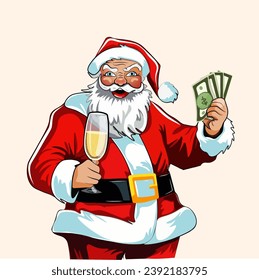 Imagen vectorial de un lindo y sonriente Santa Claus de pie con un vaso y dinero. Ilustración en el estilo de arte callejero sobre el fondo de la luz