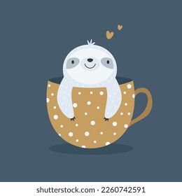 Vector illustration of a cute smiling sloth sitting in a cup. Cute mascot, animal character isolated on white background