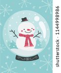Vector illustration of cute smiling snowman inside snowglobe wearing a red scarf