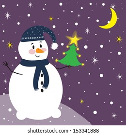 Vector illustration of cute smiling snowman with christmas tree in his hand