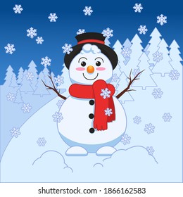 Vector illustration with a cute smiling snowman. Illustration for greeting cards, Christmas design, print