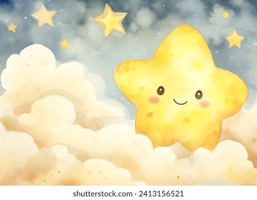 Vector illustration of a cute smiling star on clouds