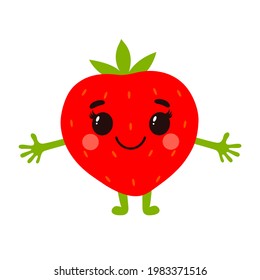 Vector illustration of cute smiling strawberry. Сartoon character wants a hug. Ripe red berry isolated on a white background.