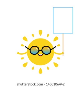 Vector illustration with cute smiling sun character in sunglasses holding empty, blank banner, board in hand.