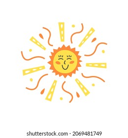 Vector illustration of a cute smiling sun with bright rays with an ornament in a minimalistic abstract style. A positive universal illustration, print or logo in warm spring or summer colors