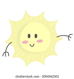 Vector illustration of a cute smiling sun with hands. Cute baby character