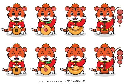 Vector Illustration of Cute Smiling tiger cartoon in red costume with wealth gold. Happy Chinese new year. Set of cute little tiger characters. Animal holidays cartoon character. Lucky cat pose. 