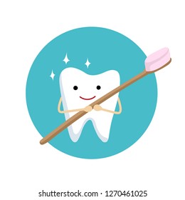 Vector illustration of cute smiling tooth with toothbrush. Health tooth poster or card. Dentistry protection. Symbol or logo concept icon for dental clinic, dentistry hospital, oral care center.