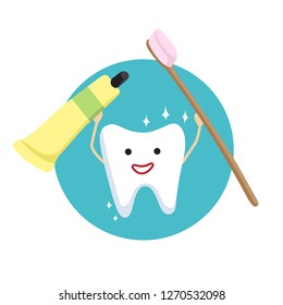 Vector illustration of cute smiling tooth with toothbrush. Health tooth poster or card. Dentistry protection. Symbol or logo concept icon for dental clinic, dentistry hospital, oral care center.