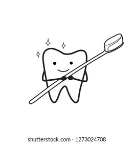 Vector illustration of cute smiling tooth with toothbrush. Health tooth poster or card. Dentistry protection. Symbol or logo concept icon for dental clinic, dentistry hospital, oral care center.