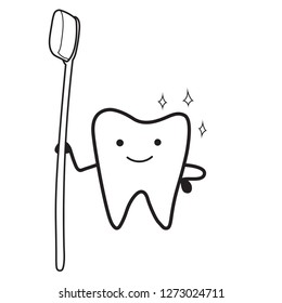 Vector illustration of cute smiling tooth with toothbrush. Health tooth poster or card. Dentistry protection. Symbol or logo concept icon for dental clinic, dentistry hospital, oral care center.