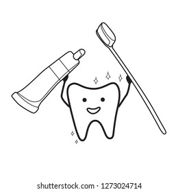 Vector illustration of cute smiling tooth with toothbrush. Health tooth poster or card. Dentistry protection. Symbol or logo concept icon for dental clinic, dentistry hospital, oral care center.