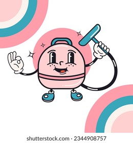 Vector illustration of a cute smiling vacuum cleaner in retro groove style, in stylish colors