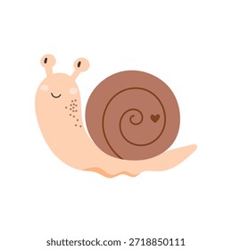 Vector illustration of a cute snail with a brown spiral shell and a small heart detail. Simple and cheerful design perfect for children books, spring decor, stickers, cards, and educational materials.
