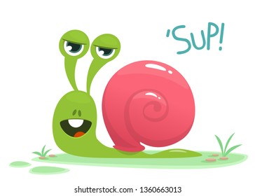 Vector illustration of cute snail cartoon saying SUP