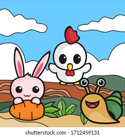 Vector illustration of Cute snail, chicken and 
rabbit cartoon, in the forest