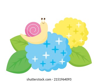 Vector illustration of a cute snail and hydrangea.